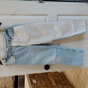 Good American Jeans Size 8/29 Distressed Two Tone Straight Jeans.